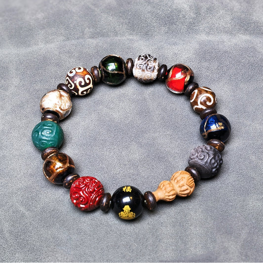 Men's small round bracelet, Oriental incense ash energy, agate multi-gemstone bracelet.